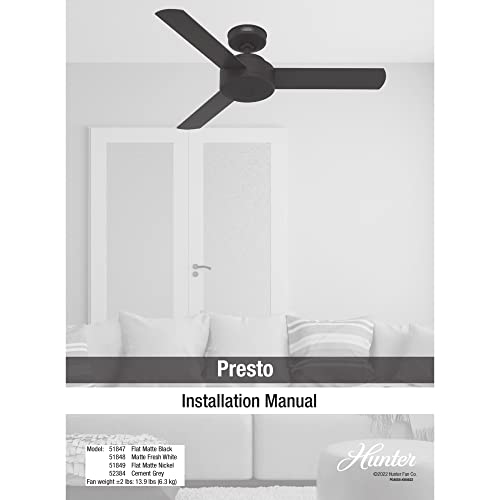 Hunter Fan Company 51848 Presto Ceiling Fan, Matte White, 10.09x44x44 Hunter