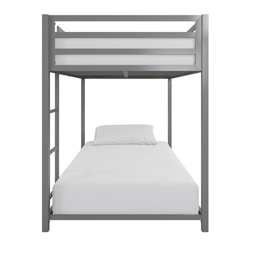 DHP Miles Silver Low Metal Bunk Bed Frame for Kids - Twin Over Twin with Built-in Ladder and High Guardrails DHP