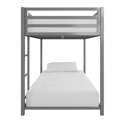 DHP Miles Silver Low Metal Bunk Bed Frame for Kids - Twin Over Twin with Built-in Ladder and High Guardrails - WoodArtSupply