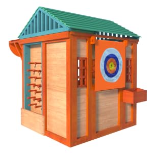 Outdoor Playhouse for Age 3-8 Years Boy Girl, Wooden Cottage Playhouse with 4 Game Awning Window, Ball Wall & Tetris. Play House for Outdoor Garden,