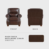 Lexicon Push Back Reclining Chair, Top Grain Leather Match Push Back Recliner Chair with Nailhead Trim, Rolled Arms, Solid Wood Legs, for Living Room/Apartment/Office, Easy Assembly, Brown