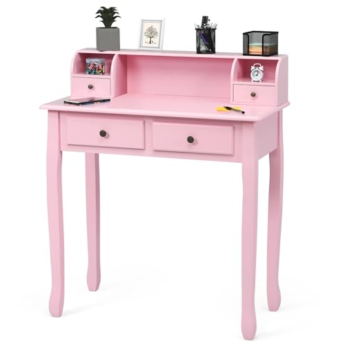 Giantex Writing Desk with 4 Drawers, Removable Floating Organizer 2-Tier Mission Home Computer Vanity Desk for Apartment Small Space (Pink) Giantex