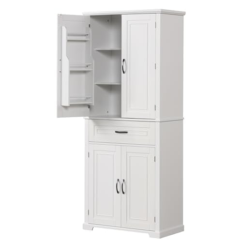 Merax Tall Storage Cabinet with Doors and Drawer, Pantry Cupboard with Rack Organizers Wide Display Shelf for Bathroom or Kitchen, White - WoodArtSupply