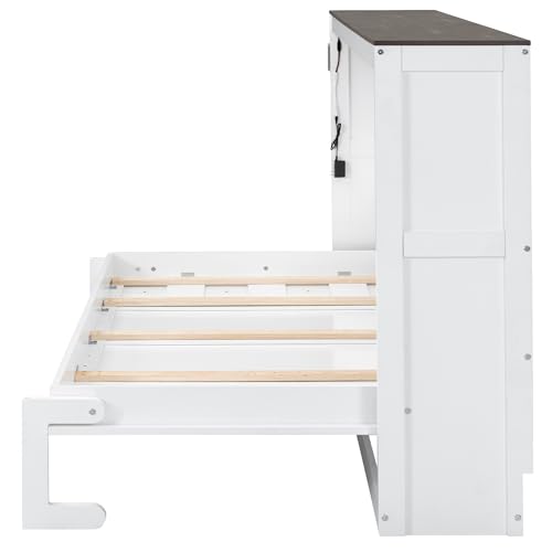 Twin Size Murphy Bed with LED Light, Foldable Wall Cabinet Bed, Hidden Design (White) BEDGJH