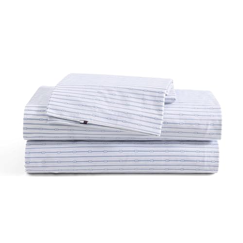 Tommy Hilfiger - Sheet Set, Cotton Percale Bedding with Matching Pillowcases, Crisp & Cool, Premium Quality Home Essentials (Monogram Stripe Blue, Full) Tommy Hilfiger