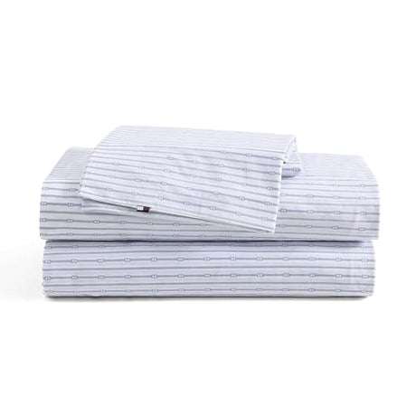 Tommy Hilfiger - Sheet Set, Cotton Percale Bedding with Matching Pillowcases, Crisp & Cool, Premium Quality Home Essentials (Monogram Stripe Blue, Full) Tommy Hilfiger