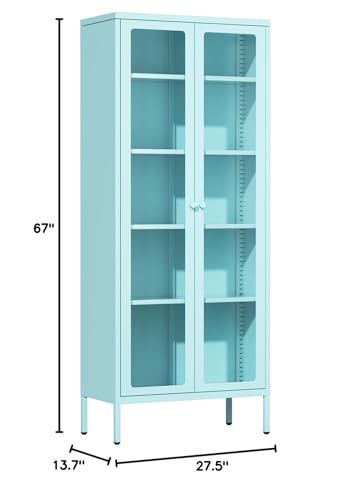 Crownland Metal Storage Cabinet with Glass Doors, Display Curio Glass Cabinet with 4 Adjustable Shelves, Tall Modern Office Storage Cabinets for Home Office, Living Room, Pantry(Light Blue) Crownland