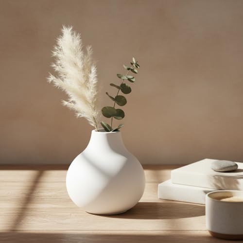 Carrot's Den White Round Vase - Minimalist Nordic, Japandi, Mid Century Modern Home Decor | Table Centerpiece, Wedding, Living Room, Bookshelf, Office, Modern Home, Entryway, Console (White) Carrot's Den