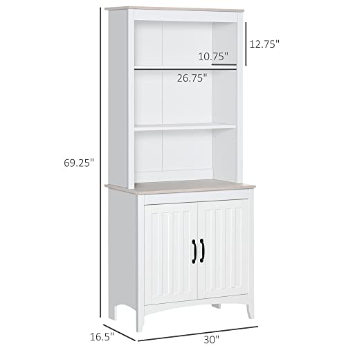 HOMCOM 70" Kitchen Hutch, Freestanding Storage Pantry Cabinet with 3-Tier Shelving, Sideboard with Adjustable Shelves and Open Countertop, White