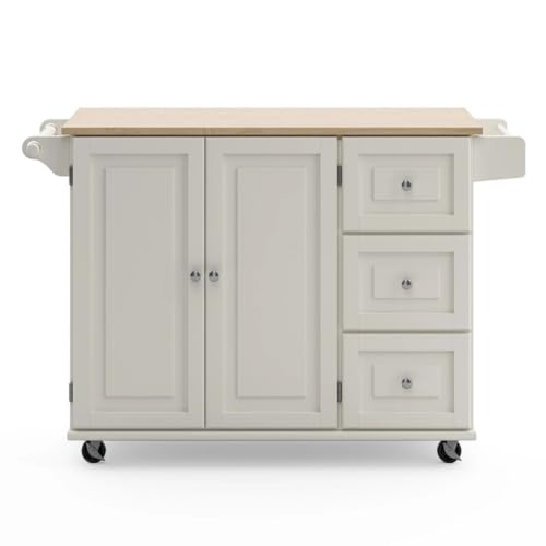 Homestyles Mobile Kitchen Island Cart with Wood Drop Leaf Breakfast Bar, Off White,Soft White, 54 Inch Width homestyles