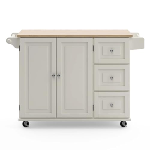 Homestyles Mobile Kitchen Island Cart with Wood Drop Leaf Breakfast Bar, Off White,Soft White, 54 Inch Width