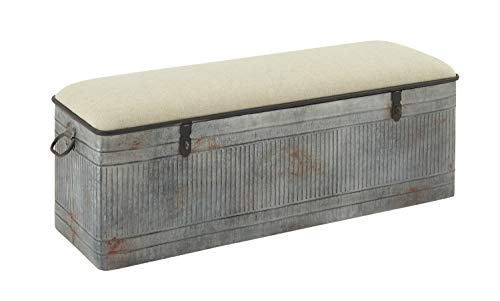 Deco 79 Metal Room Storage Bench Galvanized Entryway Bench with Cream Burlap Top, Bench 50" x 16" x 18", Gray Deco 79