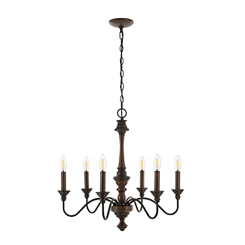 JONATHAN Y JYL1320A Oakley 25" 6-Light Midcentury Farmhouse Iron LED Chandelier Rustic Traditional Dining Room Living Room Kitchen Island Foyer, Wood Finished/Oil Rubbed Bronze - WoodArtSupply