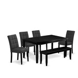East West Furniture DUAS6-BLK-12 6 Piece Dinner Table Set Contain A Kitchen Table and a Dining Bench 4 Dark Gray Polyester Fabric Person Chairs with Stylish Back- Black Finish East West Furniture