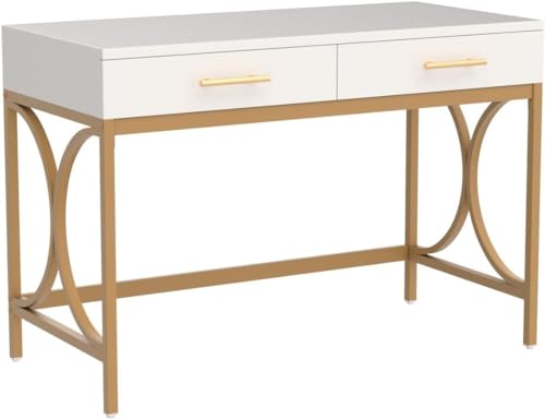 Tribesigns Modern Computer Desk with 2 Drawers, 41 Inches Study Writing Office Desk for Home Office, Bedroom, Makeup Vanity Table Desk with Gold Metal Frame, White & Gold