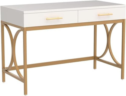 Tribesigns Modern Computer Desk with 2 Drawers, 41 Inches Study Writing Office Desk for Home Office, Bedroom, Makeup Vanity Table Desk with Gold Metal Frame, White & Gold