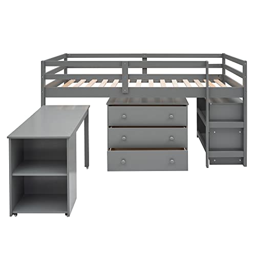 Harper & Bright Designs Kids Low Loft Bed with Rolling Desk and Storage Cabinet, Twin Size Wood Loft Bed Frame with Bookshelf (Grey, Twin) Harper & Bright Designs