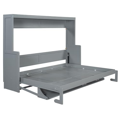 Merax Queen Horizontal Murphy Bed with Hydraulic Lift & Desk, Wood Grey Murphy Bed Cabinet Folding Murphy Chest Bed Queen Size Adults Murphy Bed Merax