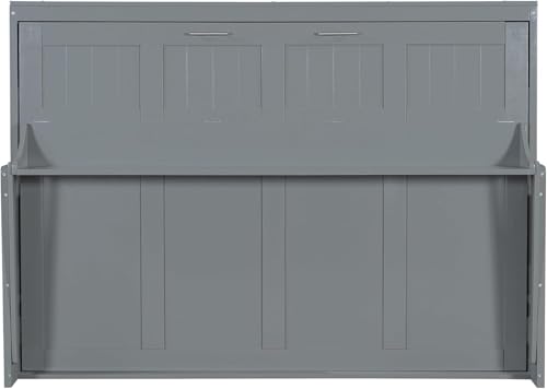 Full Horizontal Murphy Bed with Desk,Solid Wood Folding Hideaway Murphy Wall Bed for Adult,Guest Room (Grey) MERITLINE