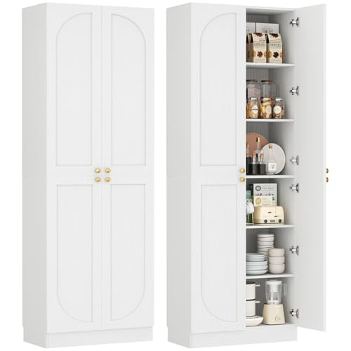 Cyclysio 80" Extra Tall Kitchen Pantry, Arched Storage Cabinet with 4 Doors and Adjustable Shelves, Freestanding Wood Cupboard with Seamless Fit Wall for Living Dining Room Bathroom Cyclysio