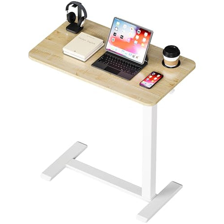 BIZUM Adjustable Bedside Table with Swivel Hidden Wheels Pneumatic Rolling Desk Mobile Standing Desk with Cup Holder for Hospital Home(27.6"x15.8" Maple) BIZUM