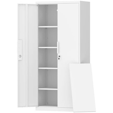 GREATMEET Garage Storage Cabinets, Metal Storage Cabinet with 2 Doors and Shelves, 71" H Metal Pantry, Lockable Storage Cabinets, Tool Storage Utility Cabinet for Office, White GREATMEET