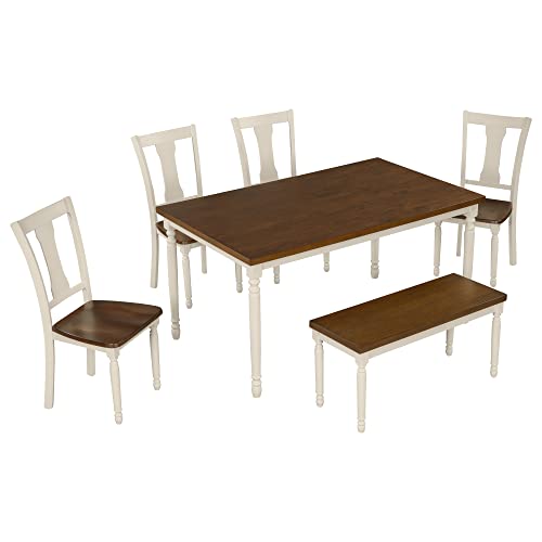 CKLMMC 6-Piece Dining Room Set, Classic Kitchen Furniture Set, Wooden Rectangular Table and 4 Chairs with Bench, 6-Person Configuration for Family Use (Brown+Cottage White@6) CKLMMC