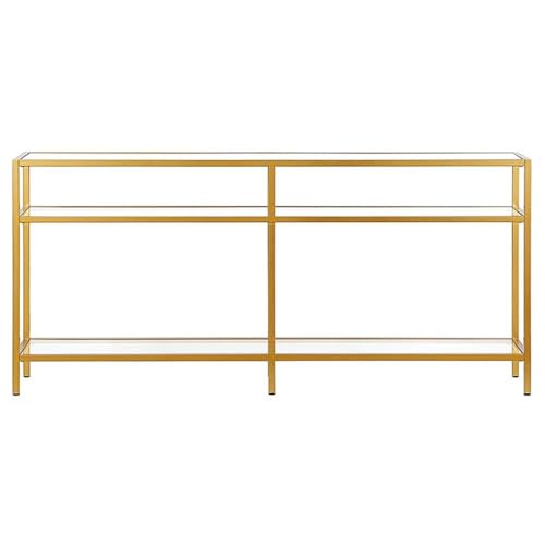 Pemberly Row Modern 64" Metal Console Table, Golden Brass Finish, Tempered Glass Top, 3-Shelf Design, Steel Frame, Stylish Entryway or Sofa Table for Living Room Decor Pemberly Row