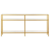 Pemberly Row Modern 64" Metal Console Table, Golden Brass Finish, Tempered Glass Top, 3-Shelf Design, Steel Frame, Stylish Entryway or Sofa Table for Living Room Decor Pemberly Row