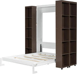 MERITLINE Queen Murphy Bed Cabinet with Storage Bookshelf Bookcase, Wood Hidden Foldable White Murphy Wall Bed with Storage Shelves for Adults MERITLINE