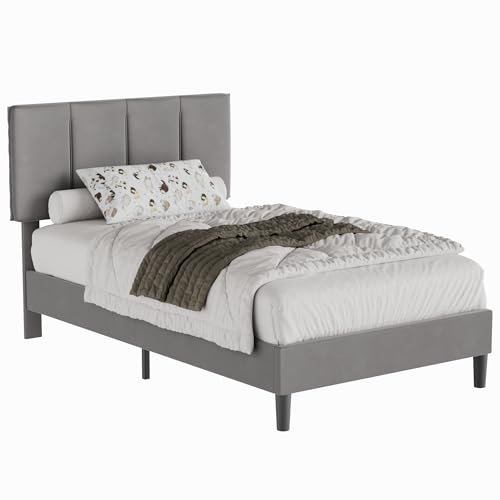 VECELO Twin Size Bed Frame with Upholstered Headboard, Heavy-Duty Bedframe with Wooden Slats & Steel Framework, Easy Assembly, Dark Grey VECELO