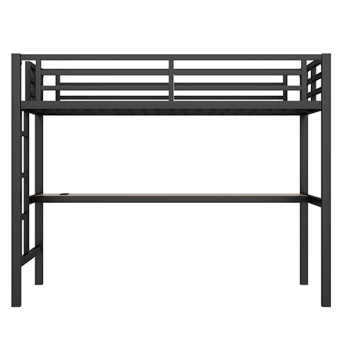 Bellemave Twin Loft Bed with Desk and LED, Metal Twin Loft Bed Frame with USB guardrail and Ladder for Adults, Kids, Teens, Black Bellemave
