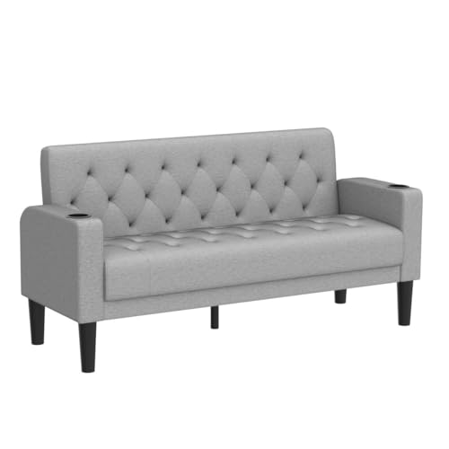 TYBOATLE 62" W Loveseat Sofa w/ 2 USB Charger Ports and 2 Cupholders, Mid-Century Modern Tufted Linen Fabric Small Love Seat Couches for Compact Living Room, Bedroom, Apartment, Dorm (Light Grey) TYBOATLE