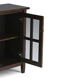 SIMPLIHOME Warm Shaker SOLID WOOD 32 inch Wide Rustic Low Storage Cabinet in Tobacco Brown, with 2 Adjustable Shelves, Tempered Glass Door SIMPLIHOME