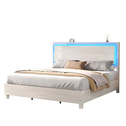 LUXOAK High Gloss Queen Bed Frame with LED Floating Headboard - Beige - WoodArtSupply