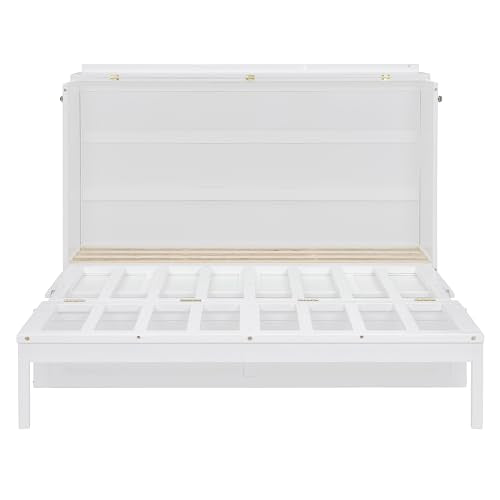 LZ LEISURE ZONE Queen Size Murphy Bed, Wood Cabinet Bed with Legs, White LZ LEISURE ZONE