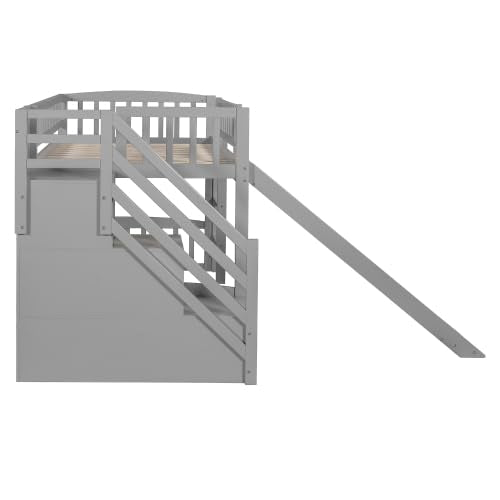 Harper & Bright Designs Kids Loft Bed with Slide and Storage Stairs, Twin Size Wooden Loft Bed with Built-in Ladder, Grey Harper & Bright Designs