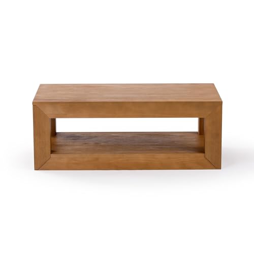 Plank+Beam Modern Rectangular Coffee Table with Shelf, Solid Wood, 40 Inch, Center Table with Storage, 2 Tier Tea Table for Living Room, Pecan Wirebrush - WoodArtSupply