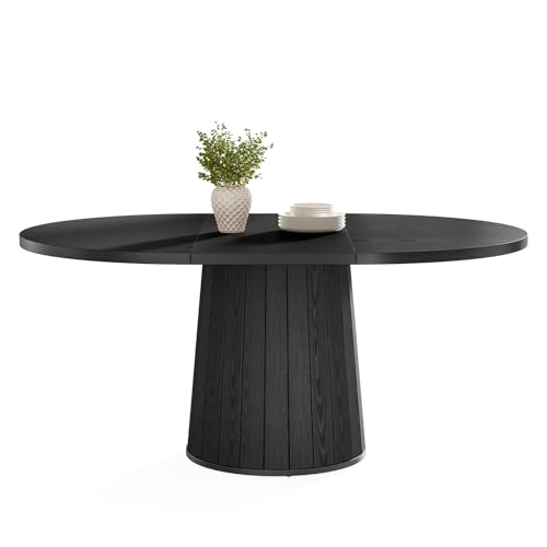 Tribesigns Oval Dining Table for 6 People, 55.11-Inch Farmhouse Kitchen Dinner Table with Cylindrical Pedestal (All Black) Tribesigns