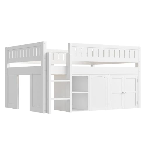 Harper & Bright Designs Low Loft Bed Full Size with Storage, Solid Wood Loft Bed with Cabinet and Chalkboard Panel, Multiple Functions Loft Bed Frame for Kids Teens Adults, White Harper & Bright Designs