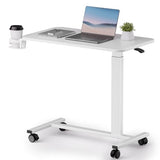 COMHOMA Adjustable Overbed Bedside Table with Lockable Wheels, Pneumatic Mobile Standing Laptop Desk, Small Standing Desk Portable Rolling Overbed Table Hospital Home Use(32" W x 18" D, White) COMHOMA