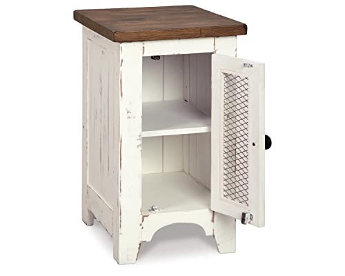 Signature Design by Ashley Wystfield Farmhouse Chair Side End Table with Cabinet Door for Storage, White & Brown with Distressed Finish - WoodArtSupply