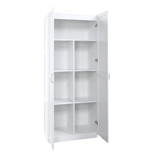 Manhtattan Comfort Hopkins Modern Freestanding Storage Closet with 7 Spacious Shelves and Soft Close Doors, Multipurpose Wardrobe Cabinet for Bedroom, 72" High, Large, White