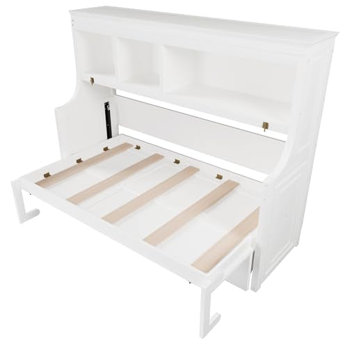 MERITLINE Twin Size Horizontal Murphy Bed with Desk and Storage Shelves, Wooden Twin Folding Murphy Wall Bed for Adult Home Office, Apartment, Small Spaces, White MERITLINE