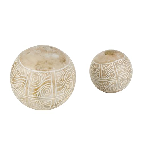 Deco 79 Mango Wood Handmade Decorative Ball Orbs & Vase Filler with Carved Tribal Patterns, Set of 2 5", 4" W, Cream Deco 79