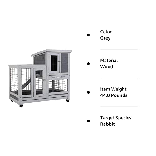 Rabbit Hutch Indoor and Outdoor Rabbit Cage 37 Inch Wide Wooden Hutch House Guinea Pig Cage with Wheels Rolling Large Hutch Cage,Grey - WoodArtSupply