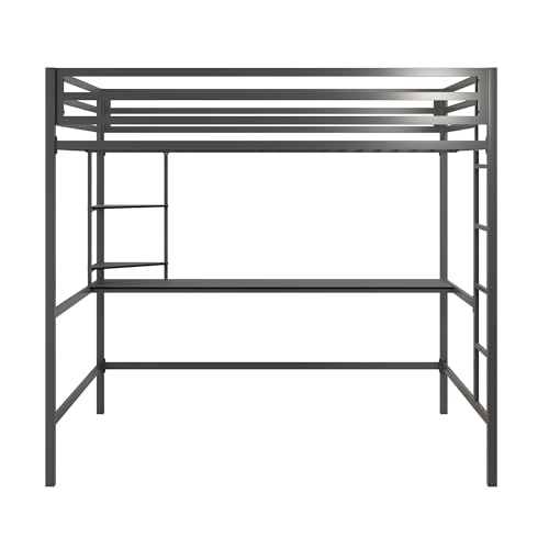 Novogratz Maxwell Grey/Black Metal Full Loft Bed with Integrated Desk & Shelves - WoodArtSupply