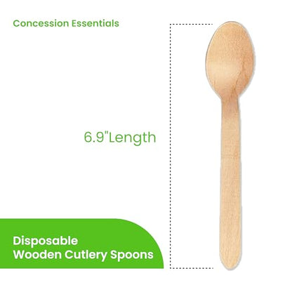 Concession Essentials Disposable Wooden Cutlery Spoons, Compostable and Earth Friendly, 6.25 Inch Length - Pack of 100 Spoons