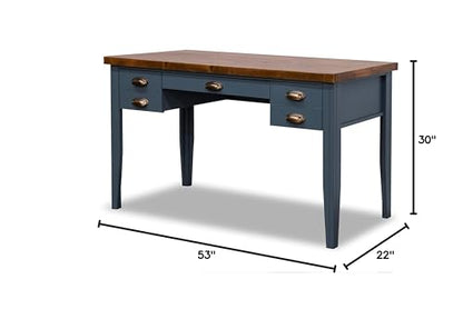 Bridgevine Home Nantucket Modern Farmhouse 3-Drawer Writing Desk, 53 Inches, Fully Assembled, Poplar Solid Wood, Blue Denim and Whiskey Finish - WoodArtSupply