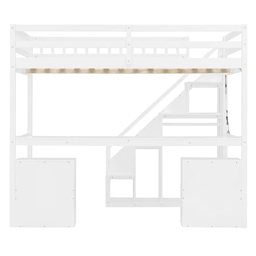 Merax Full Size Wood Loft Bed with Stairs, Built-in Desk, 2 Storage Drawers & Lights, Space Saving Bed for Teens, Adults, Study Loft Bed with Underbed Storage, White Merax